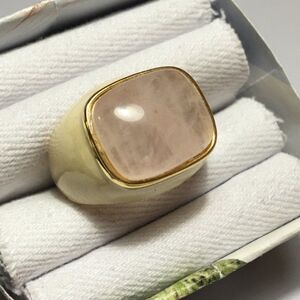 Vintage Rose Quartz Ring Gold Tone Cream Enamel Wide Band Size 7